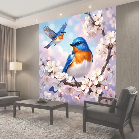 Фотообои Синие птицы среди сакуры