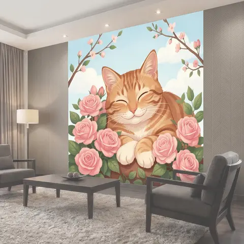 Фотообои Уютный рыжий кот с розами