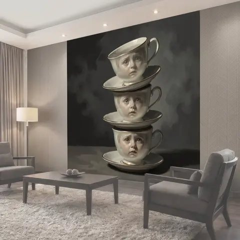 Фотообои Стопка чашек с детскими лицами