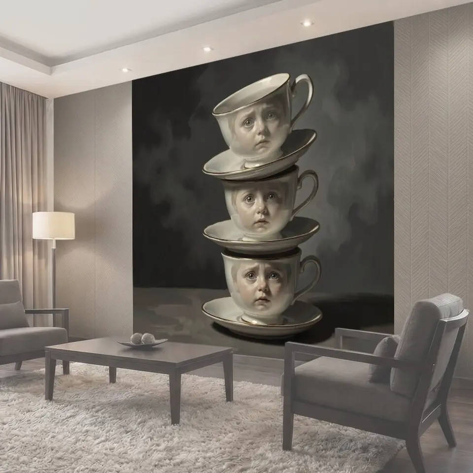Фотообои Стопка чашек с детскими лицами