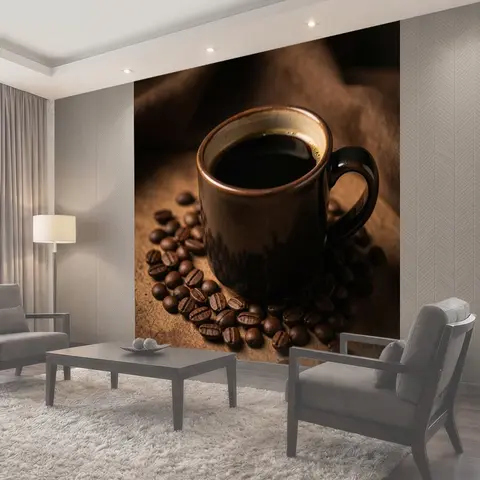 Фотообои Чашка черного кофе с зернами