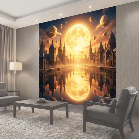 Фотообои Фантастический город с планетами