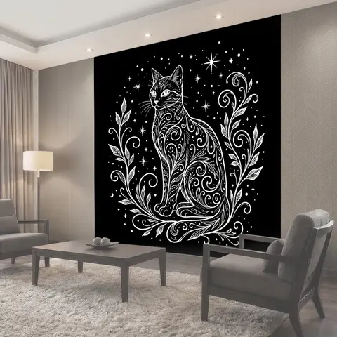 Фотообои Сказочный кот с цветочными ветвями