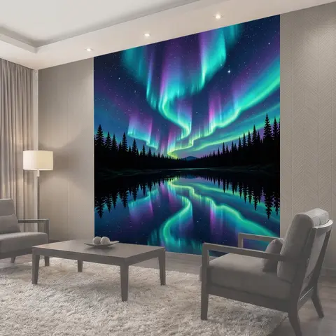 Фотообои Северное сияние над лесным озером