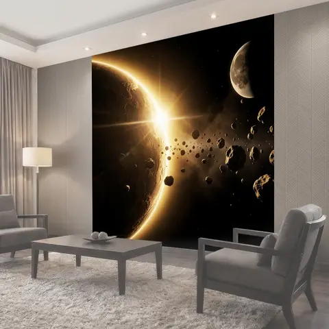 Фотообои Космический пейзаж с планетами и астероидами