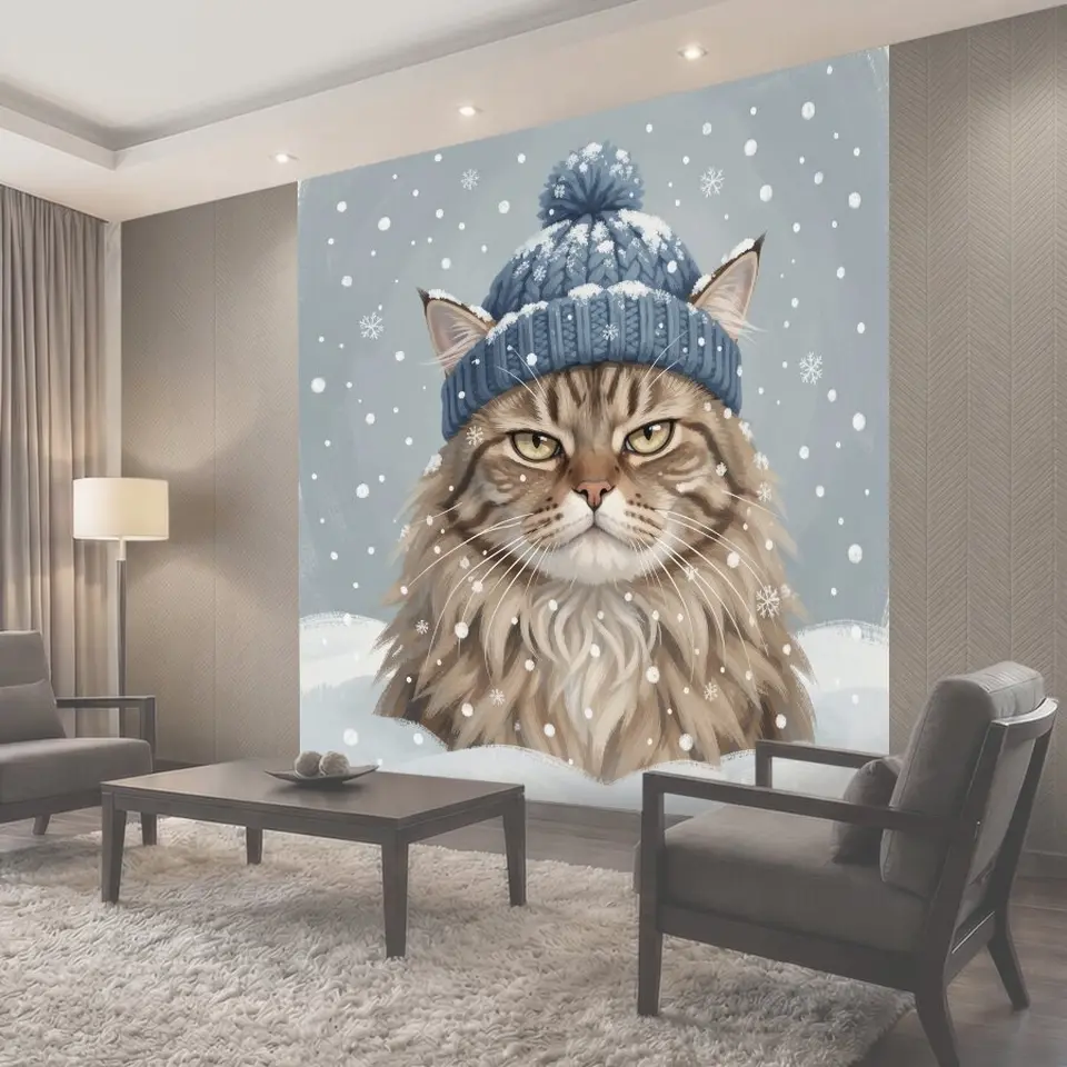 Фотообои Кот в синей зимней шапке