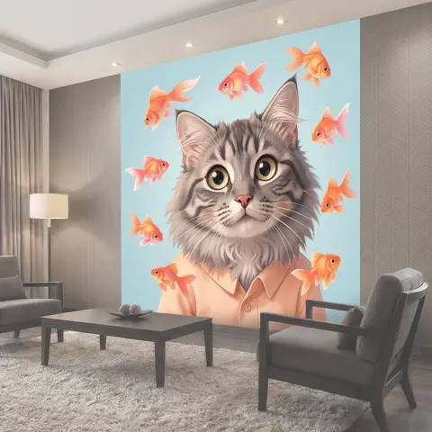 Фотообои Котёнок среди золотых рыбок