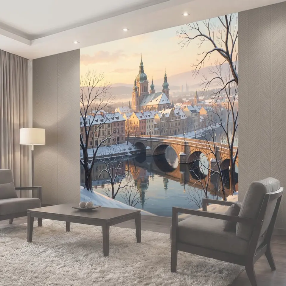 Фотообои Зимний город у реки. Старинный европейский город в зимнем убранстве: собор с куполами
