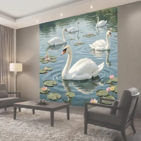 Фотообои Лебеди на пруду с кувшинками