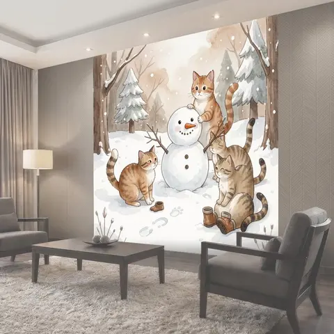 Фотообои Коты лепят снеговика