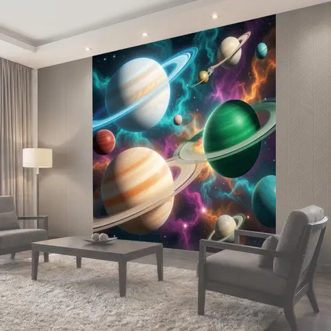 Фотообои Космический пейзаж с кольцевыми планетами