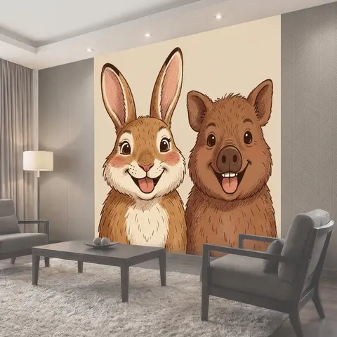 Фотообои Улыбчивые зайчик и кабанчик