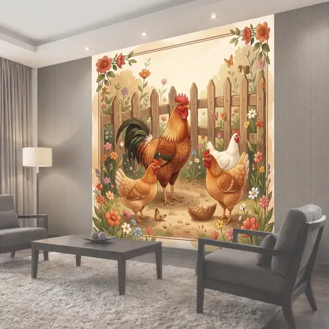 Фотообои Петухи и курочки среди цветов