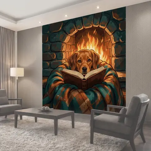 Фотообои Щенок с книгой у камина