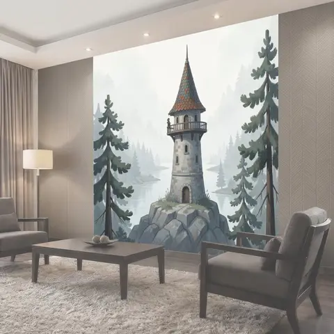 Фотообои Сказочная башня в хвойном лесу