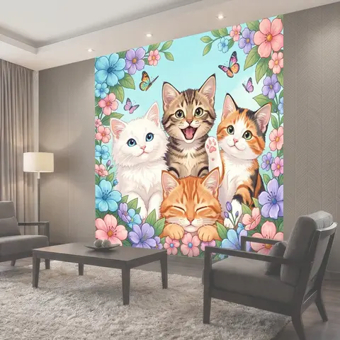 Фотообои Четыре котенка среди цветов