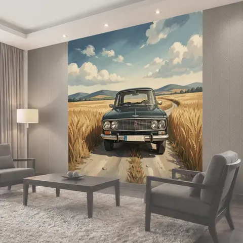 Фотообои Винтажный автомобиль в пшеничном поле
