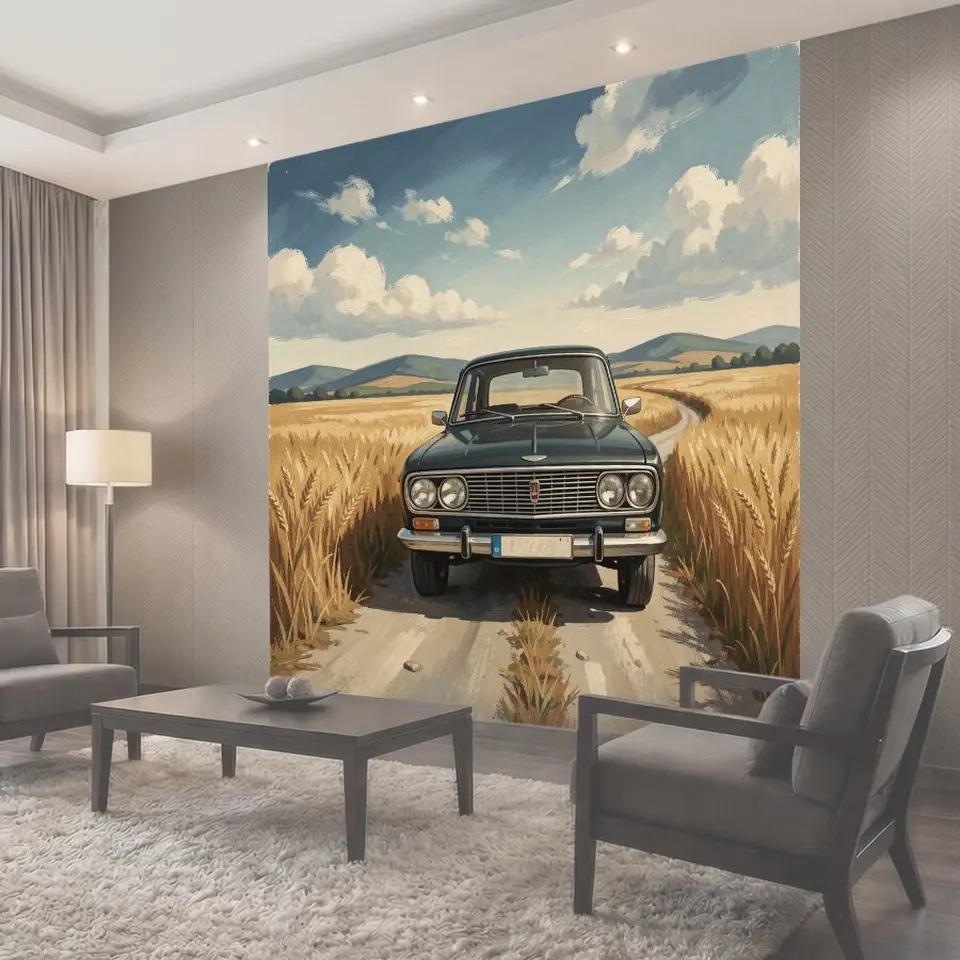 Фотообои Винтажный автомобиль в пшеничном поле