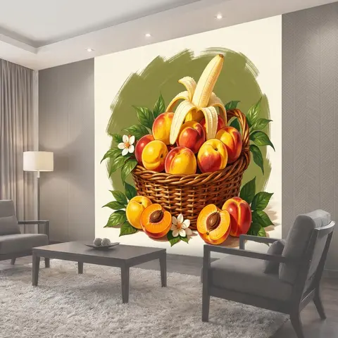 Фотообои Фруктовая корзина с персиками и бананом