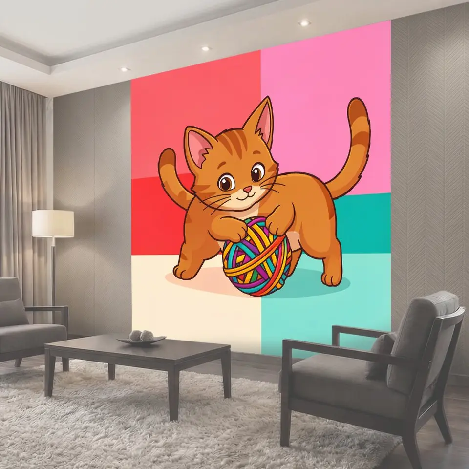 Фотообои Котёнок с клубком разноцветных ниток