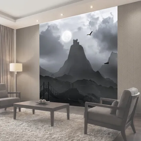 Фотообои Страж тьмы 3D иллюстрации древнего замка взгромоздился отложены из высоко на отвесной скале горы скалы холмы…