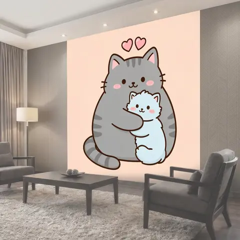 Фотообои Обнимающиеся котики с сердечками