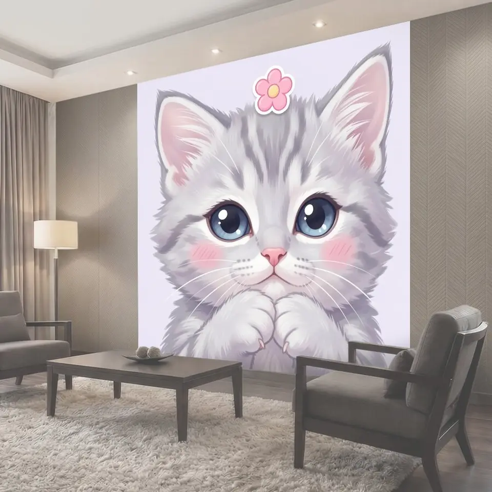 Фотообои Милый серый котёнок с цветком