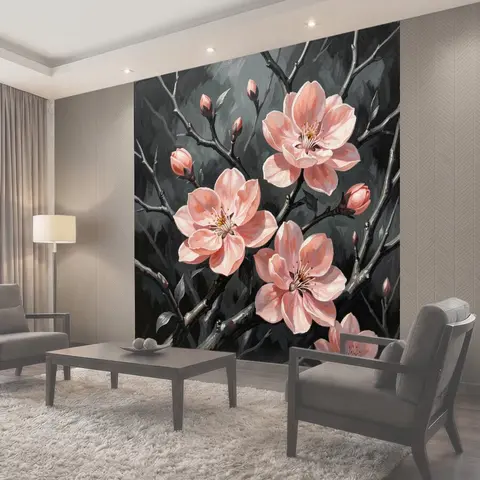 Фотообои Розовые цветы на темных ветвях