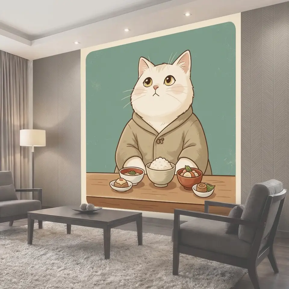 Фотообои Белый кот за трапезой
