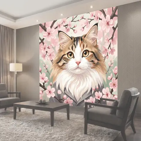 Фотообои Кошка среди цветущих веток
