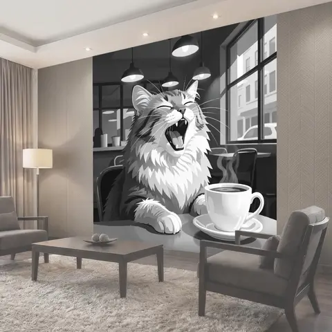 Фотообои Зевающий кот с чашкой кофе