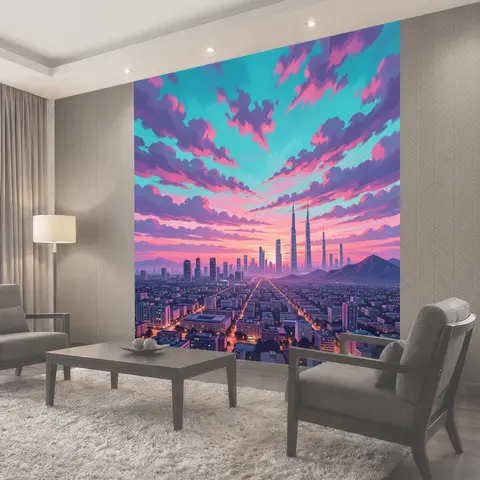 Фотообои Футуристический мегаполис под розовым небом