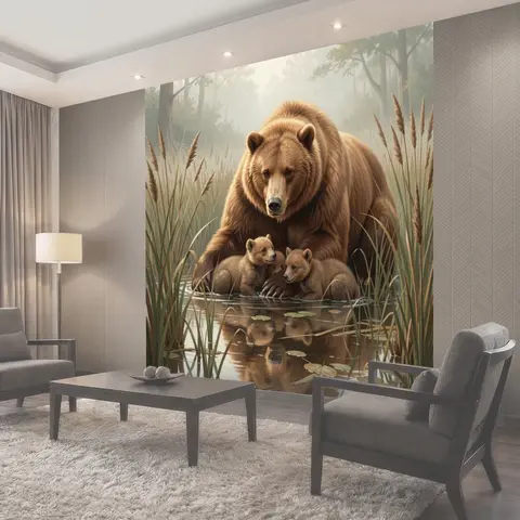 Фотообои Медведица с медвежатами у воды