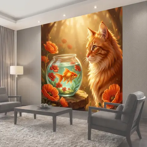 Фотообои Рыбка в аквариуме и кот