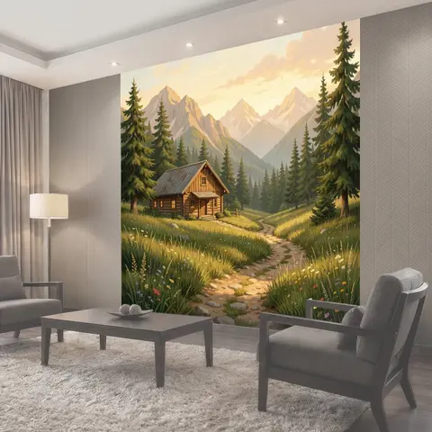 Фотообои Горный домик в лесной долине