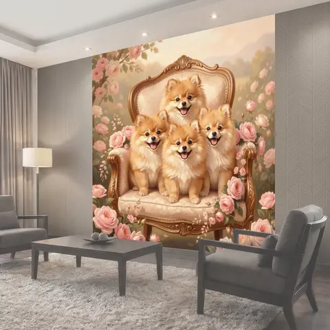 Фотообои Четыре шпица среди роз