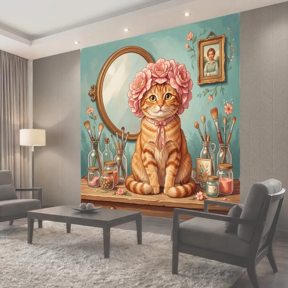 Фотообои Рыжий кот в цветочном венке