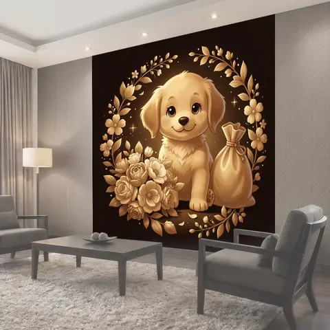 Фотообои Щенок с цветами и мешочком