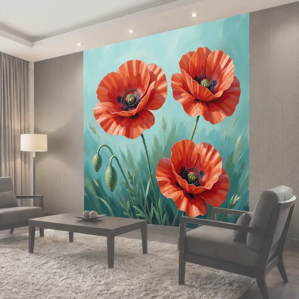 Фотообои Красные маки на голубом фоне