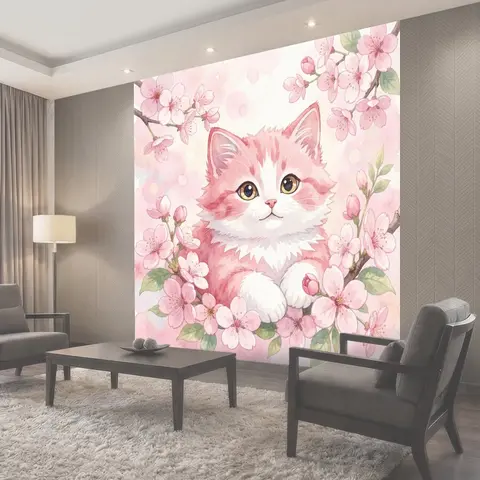 Фотообои Котик в венке из сакуры