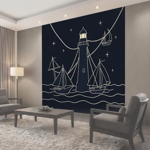 Фотообои Маяк и парусники на ночном море
