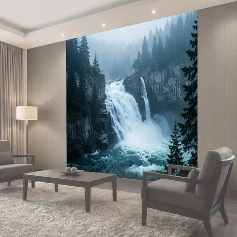 Фотообои Мощный водопад в хвойном лесу