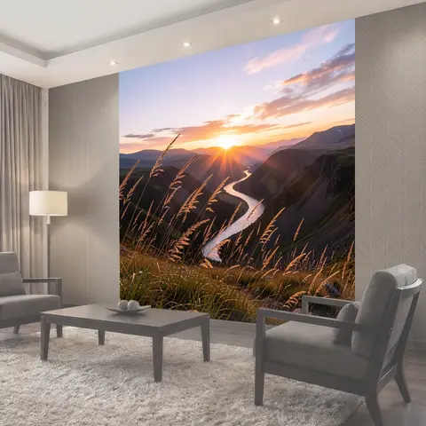 Фотообои Горная долина с рекой на закате