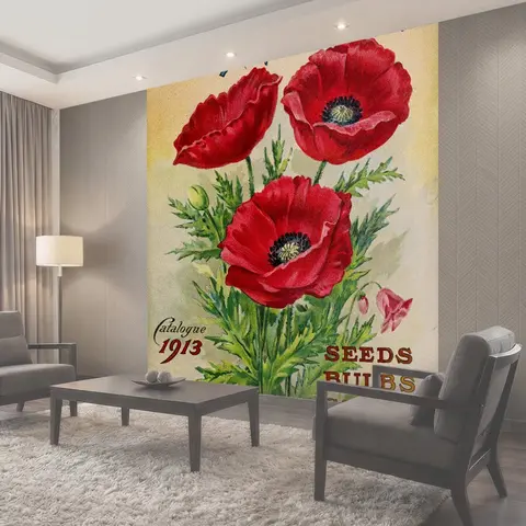 Фотообои Цветы мака в винтажном стиле Винтажная реклама каталога семян