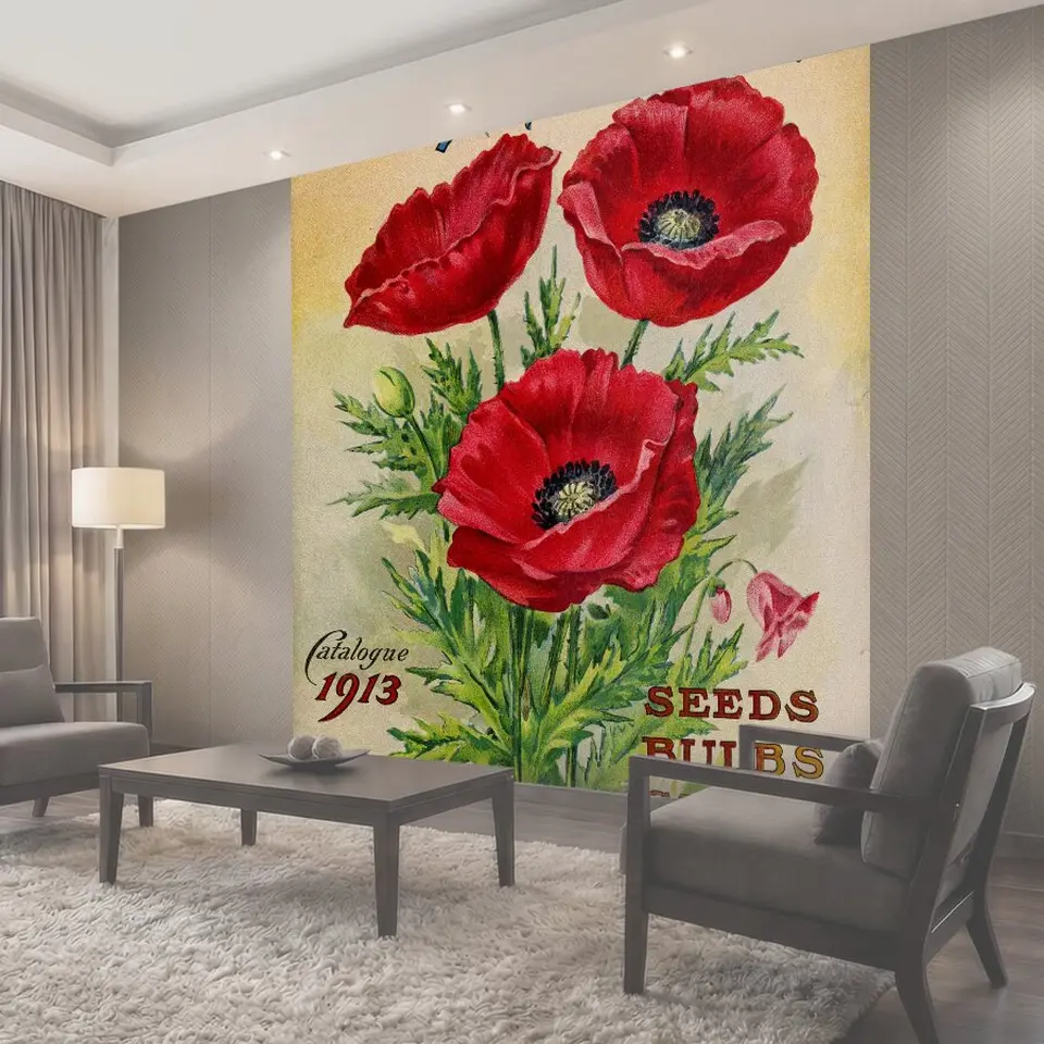 Фотообои Цветы мака в винтажном стиле Винтажная реклама каталога семян
