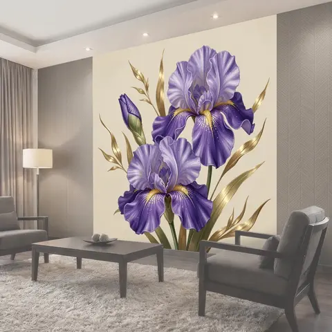 Фотообои Фиолетовые ирисы с золотыми листьями