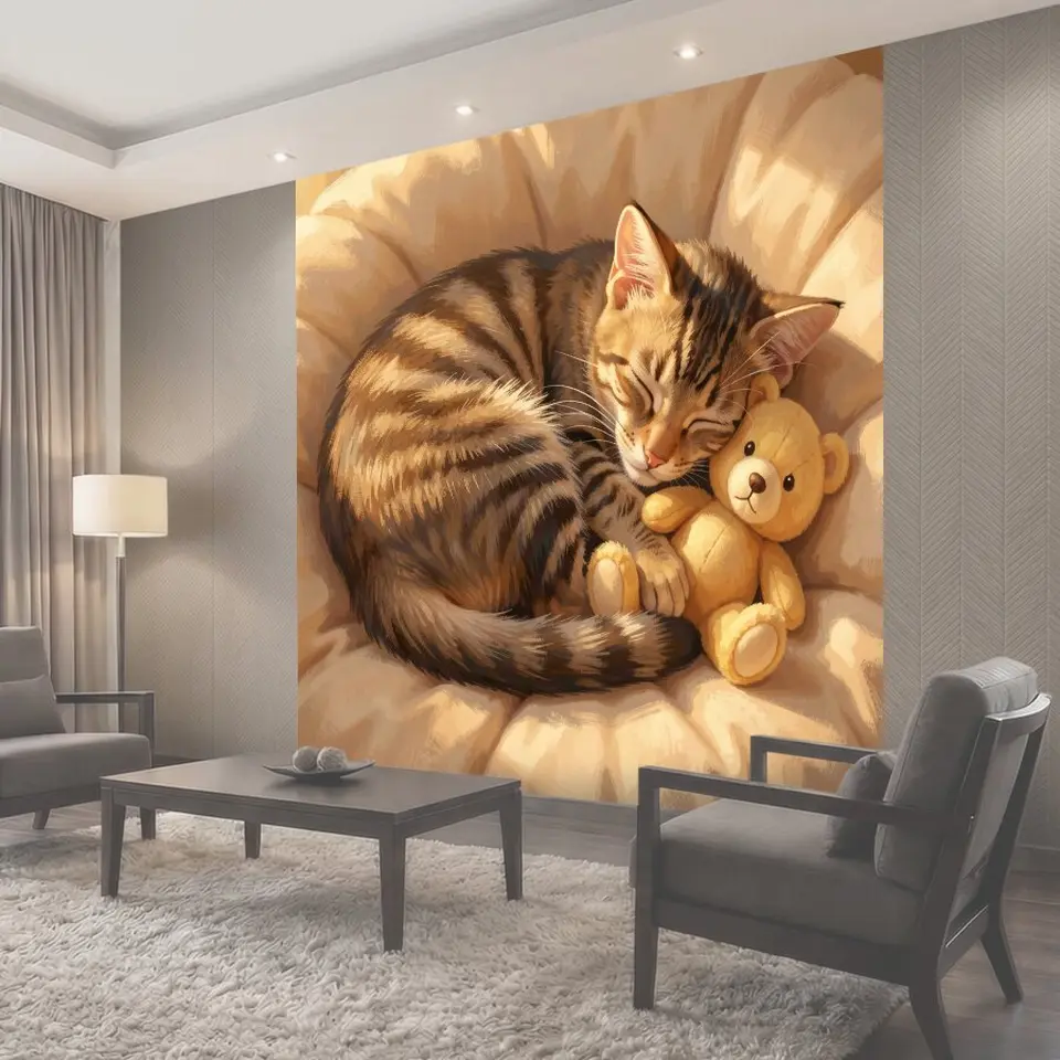 Фотообои Спящий кот с игрушечным медвежонком
