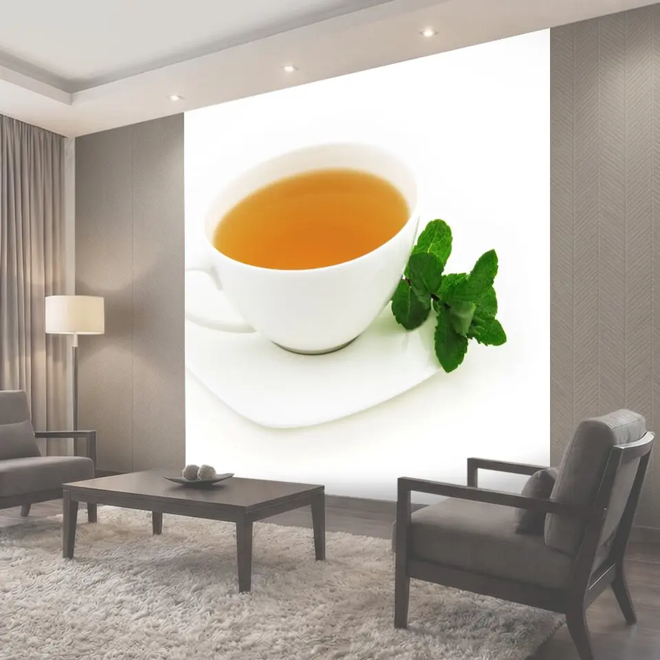 Фотообои Mint tea Мятный чай на белом background чашки пить свежие зеленые травы травяные горячая…
