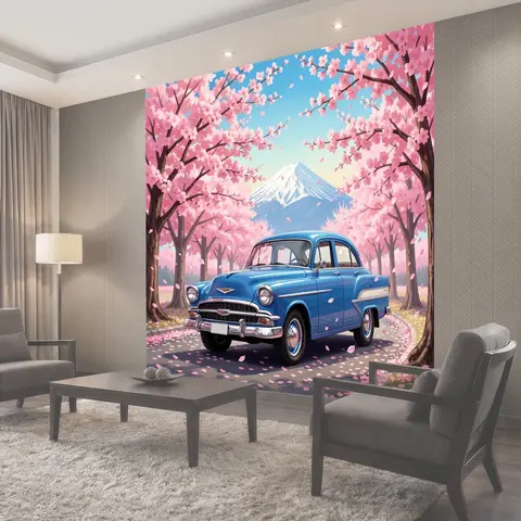 Фотообои Синий ретро-автомобиль в цветущем саду