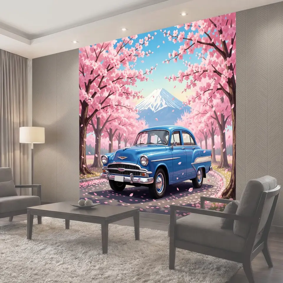 Фотообои Синий ретро-автомобиль в цветущем саду